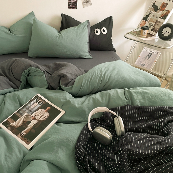 91家纺网 家纺一手货源 找家纺 优尚佳生活馆 2025新款ins风超柔褶皱亲肤磨毛水洗棉四件套双拼系列（风格一） 清新灰