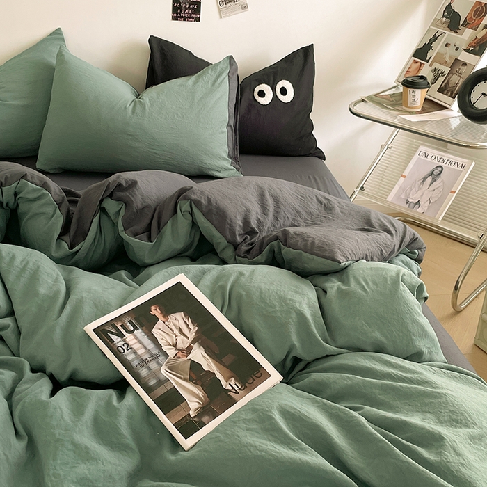 91家纺网 家纺一手货源 找家纺 优尚佳生活馆 2025新款ins风超柔褶皱亲肤磨毛水洗棉四件套双拼系列（风格一） 清新灰