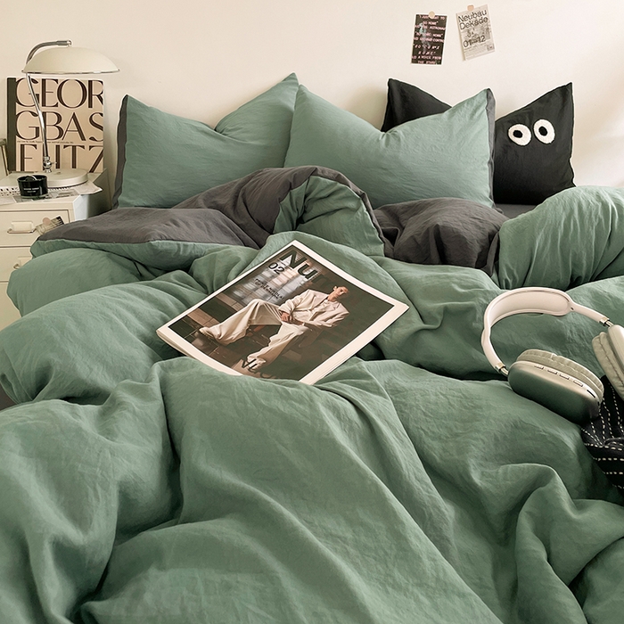 91家纺网 家纺一手货源 找家纺 优尚佳生活馆 2025新款ins风超柔褶皱亲肤磨毛水洗棉四件套双拼系列（风格一） 清新灰