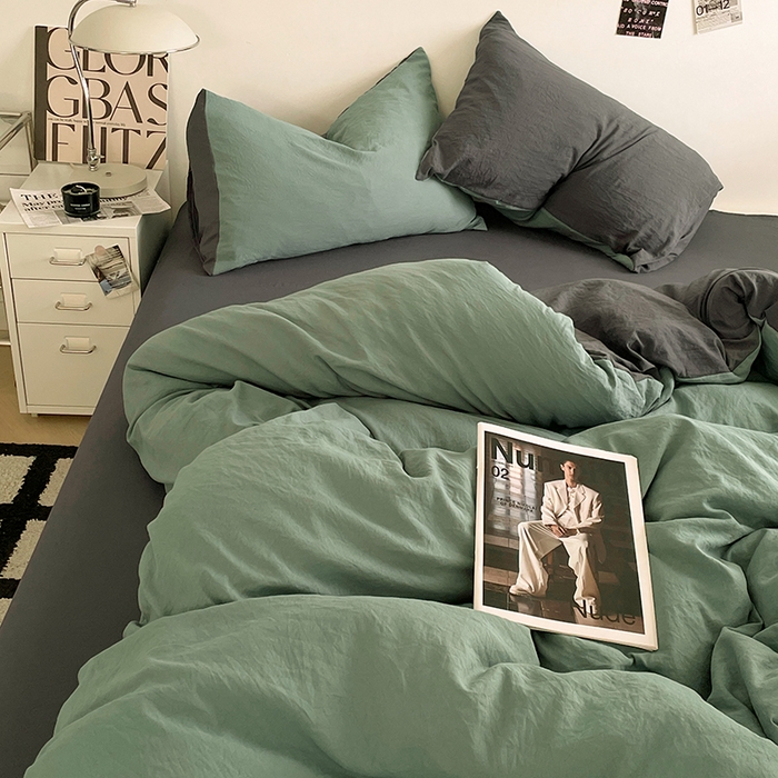 91家纺网 家纺一手货源 找家纺 优尚佳生活馆 2025新款ins风超柔褶皱亲肤磨毛水洗棉四件套双拼系列（风格一） 清新灰