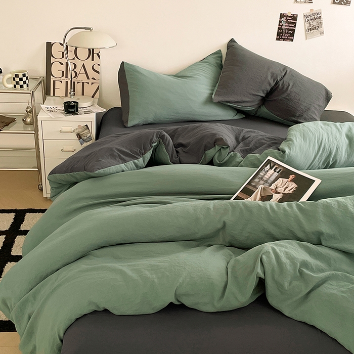 91家纺网 家纺一手货源 找家纺 优尚佳生活馆 2025新款ins风超柔褶皱亲肤磨毛水洗棉四件套双拼系列（风格一） 清新灰