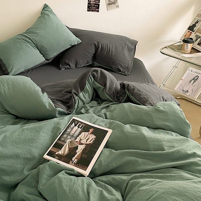 91家纺网 家纺一手货源 找家纺 优尚佳生活馆 2025新款ins风超柔褶皱亲肤磨毛水洗棉四件套双拼系列（风格一） 清新灰