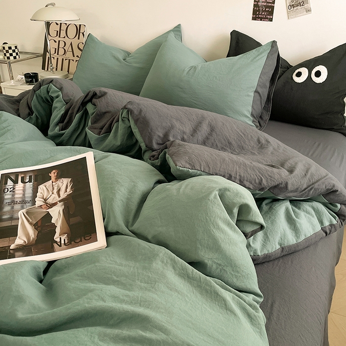 91家纺网 家纺一手货源 找家纺 优尚佳生活馆 2025新款ins风超柔褶皱亲肤磨毛水洗棉四件套双拼系列（风格一） 清新灰