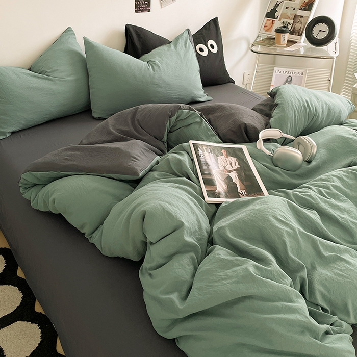 91家纺网 家纺一手货源 找家纺 优尚佳生活馆 2025新款ins风超柔褶皱亲肤磨毛水洗棉四件套双拼系列（风格一） 清新灰