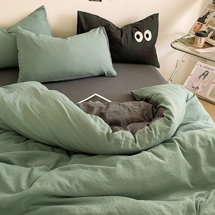 91家纺网 家纺一手货源 找家纺 优尚佳生活馆 2025新款ins风超柔褶皱亲肤磨毛水洗棉四件套双拼系列（风格一） 清新灰