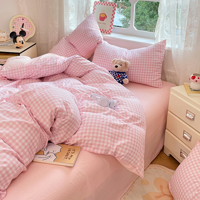 91家纺网 家纺一手货源 找家纺 优尚佳生活馆 2025新款INS风亲肤水洗棉四件套系列-印花 玻璃粉