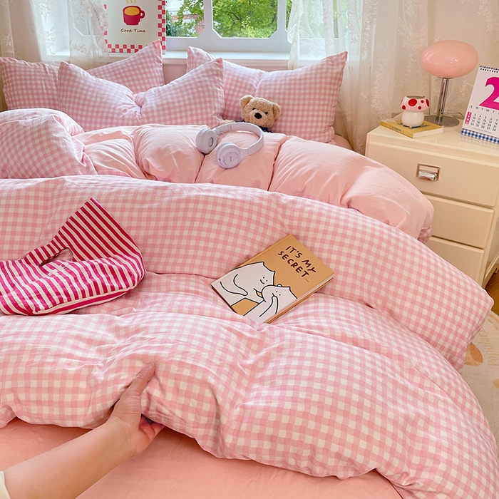 91家纺网 家纺一手货源 找家纺 优尚佳生活馆 2025新款INS风亲肤水洗棉四件套系列-印花 玻璃粉