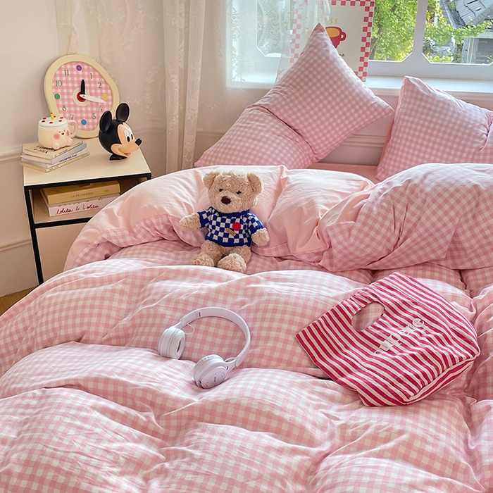 91家纺网 家纺一手货源 找家纺 优尚佳生活馆 2025新款INS风亲肤水洗棉四件套系列-印花 玻璃粉