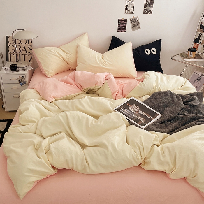 优尚佳生活馆 2025新款ins风超柔褶皱亲肤磨毛水洗棉四件套双拼系列（风格一） 柠檬粉