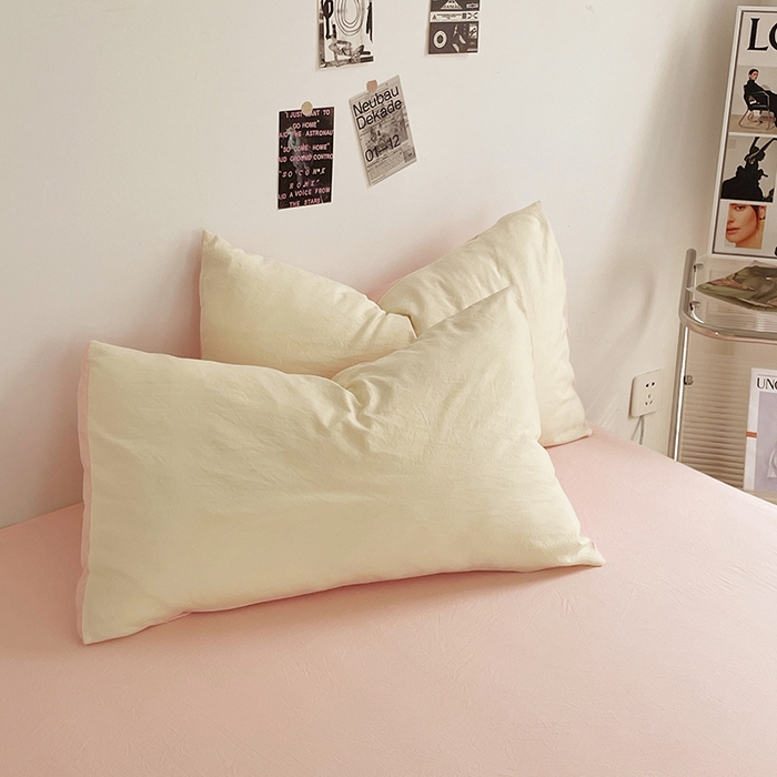 91家纺网 家纺一手货源 找家纺 优尚佳生活馆 2025新款ins风超柔褶皱亲肤磨毛水洗棉四件套双拼系列（风格一） 柠檬粉