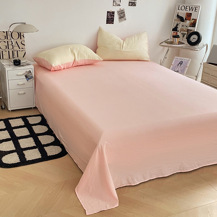 91家纺网 家纺一手货源 找家纺 优尚佳生活馆 2025新款ins风超柔褶皱亲肤磨毛水洗棉四件套双拼系列（风格一） 柠檬粉