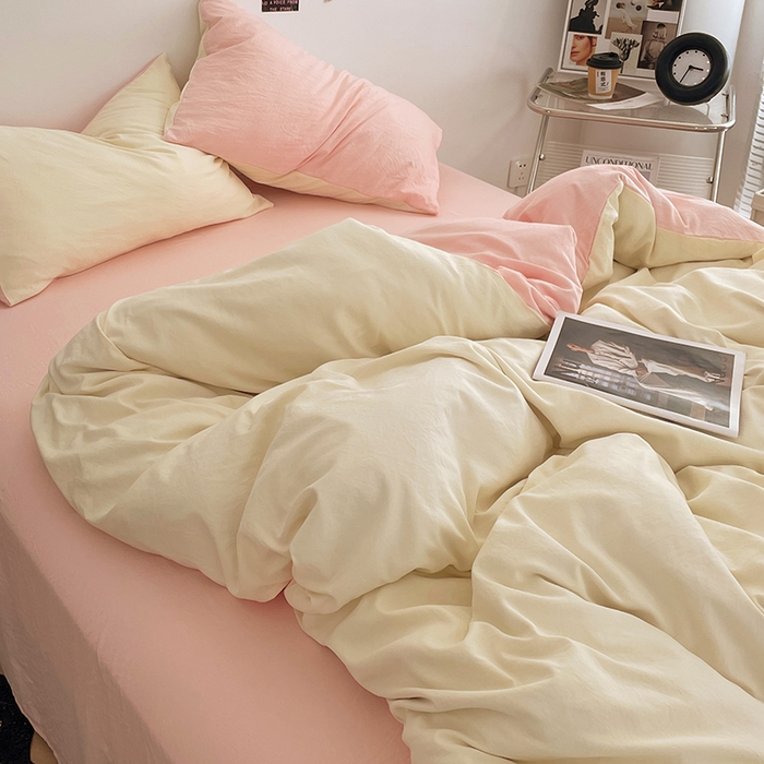 91家纺网 家纺一手货源 找家纺 优尚佳生活馆 2025新款ins风超柔褶皱亲肤磨毛水洗棉四件套双拼系列（风格一） 柠檬粉