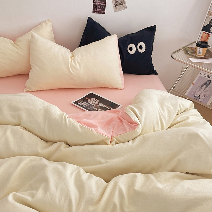 91家纺网 家纺一手货源 找家纺 优尚佳生活馆 2025新款ins风超柔褶皱亲肤磨毛水洗棉四件套双拼系列（风格一） 柠檬粉