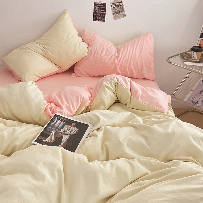 91家纺网 家纺一手货源 找家纺 优尚佳生活馆 2025新款ins风超柔褶皱亲肤磨毛水洗棉四件套双拼系列（风格一） 柠檬粉