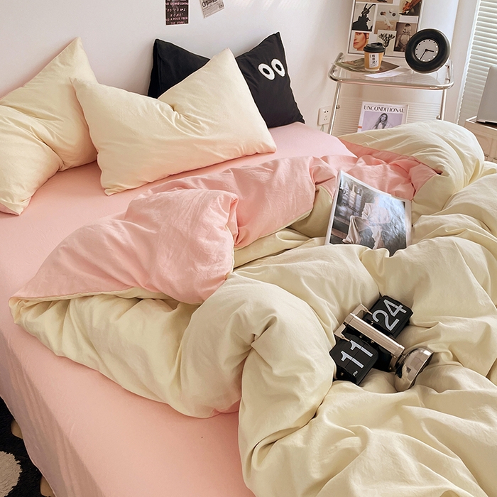 91家纺网 家纺一手货源 找家纺 优尚佳生活馆 2025新款ins风超柔褶皱亲肤磨毛水洗棉四件套双拼系列（风格一） 柠檬粉