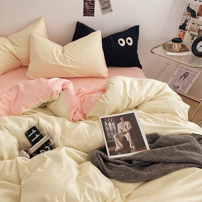 91家纺网 家纺一手货源 找家纺 优尚佳生活馆 2025新款ins风超柔褶皱亲肤磨毛水洗棉四件套双拼系列（风格一） 柠檬粉