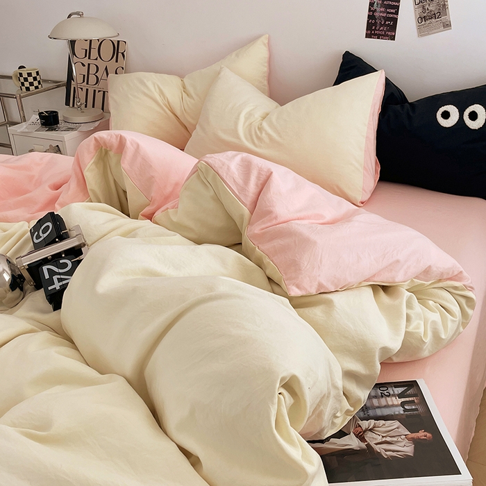 91家纺网 家纺一手货源 找家纺 优尚佳生活馆 2025新款ins风超柔褶皱亲肤磨毛水洗棉四件套双拼系列（风格一） 柠檬粉