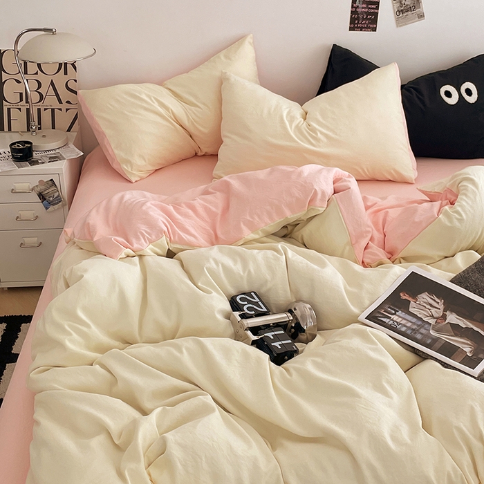 91家纺网 家纺一手货源 找家纺 优尚佳生活馆 2025新款ins风超柔褶皱亲肤磨毛水洗棉四件套双拼系列（风格一） 柠檬粉