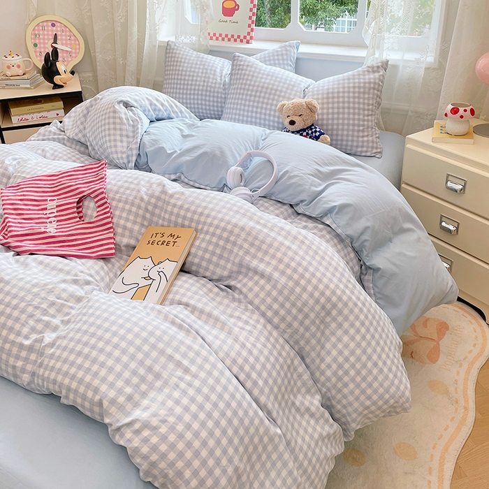 91家纺网 家纺一手货源 找家纺 优尚佳生活馆 2025新款INS风亲肤水洗棉四件套系列-印花 玻璃蓝