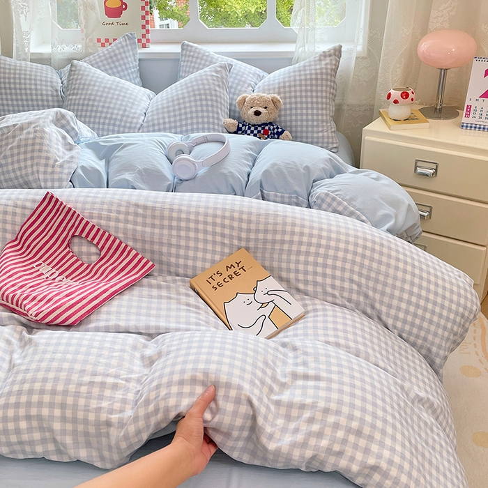 91家纺网 家纺一手货源 找家纺 优尚佳生活馆 2025新款INS风亲肤水洗棉四件套系列-印花 玻璃蓝