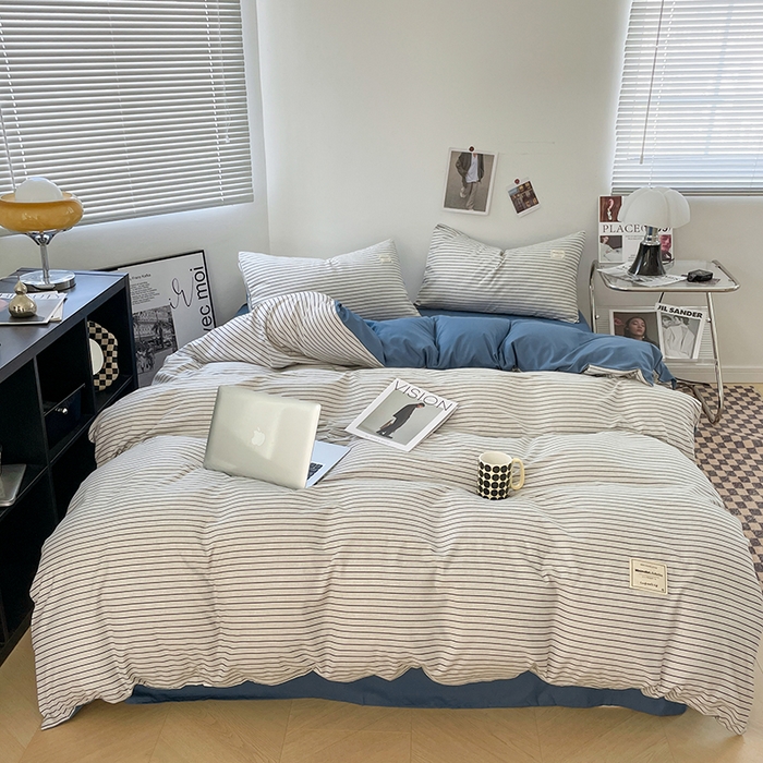 优尚佳生活馆 2025新款无印风亲肤磨毛四件套-格子 白蓝条