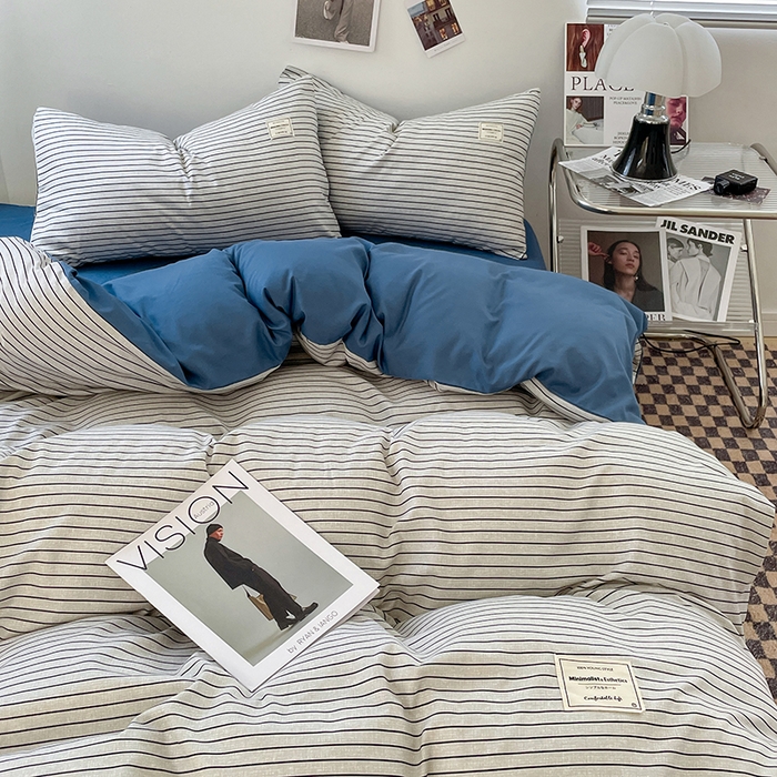 91家纺网 家纺一手货源 找家纺 优尚佳生活馆 2025新款无印风亲肤磨毛四件套-格子 白蓝条