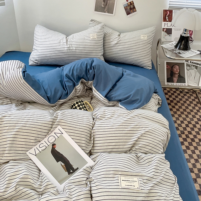 91家纺网 家纺一手货源 找家纺 优尚佳生活馆 2025新款无印风亲肤磨毛四件套-格子 白蓝条