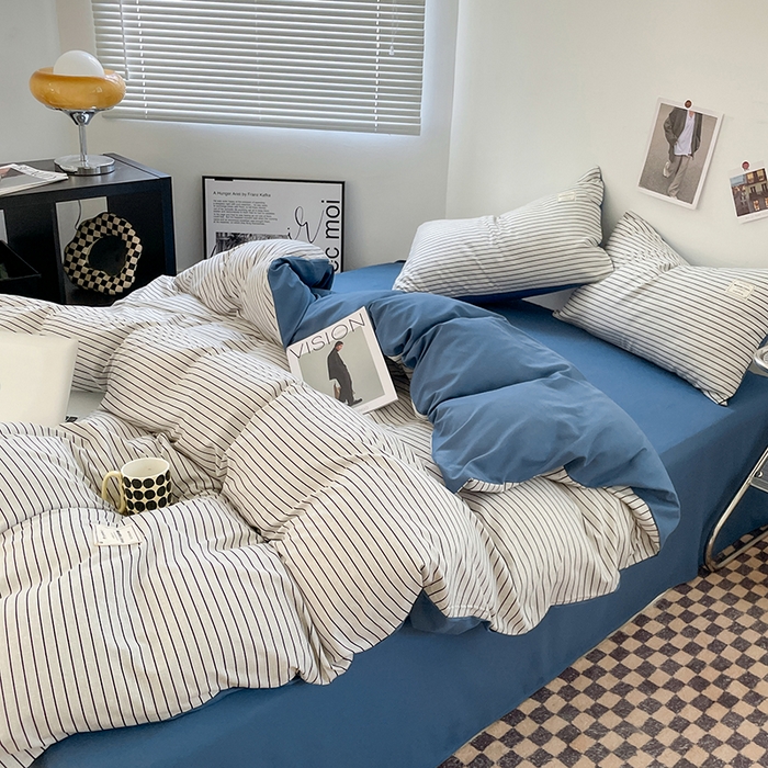 91家纺网 家纺一手货源 找家纺 优尚佳生活馆 2025新款无印风亲肤磨毛四件套-格子 白蓝条