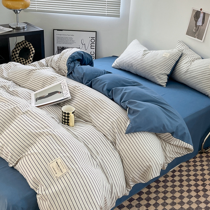 91家纺网 家纺一手货源 找家纺 优尚佳生活馆 2025新款无印风亲肤磨毛四件套-格子 白蓝条