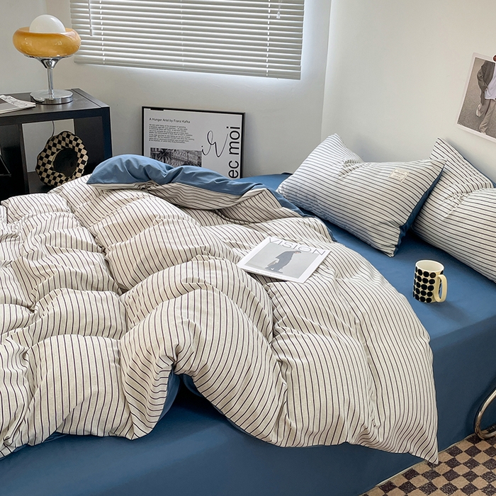 91家纺网 家纺一手货源 找家纺 优尚佳生活馆 2025新款无印风亲肤磨毛四件套-格子 白蓝条