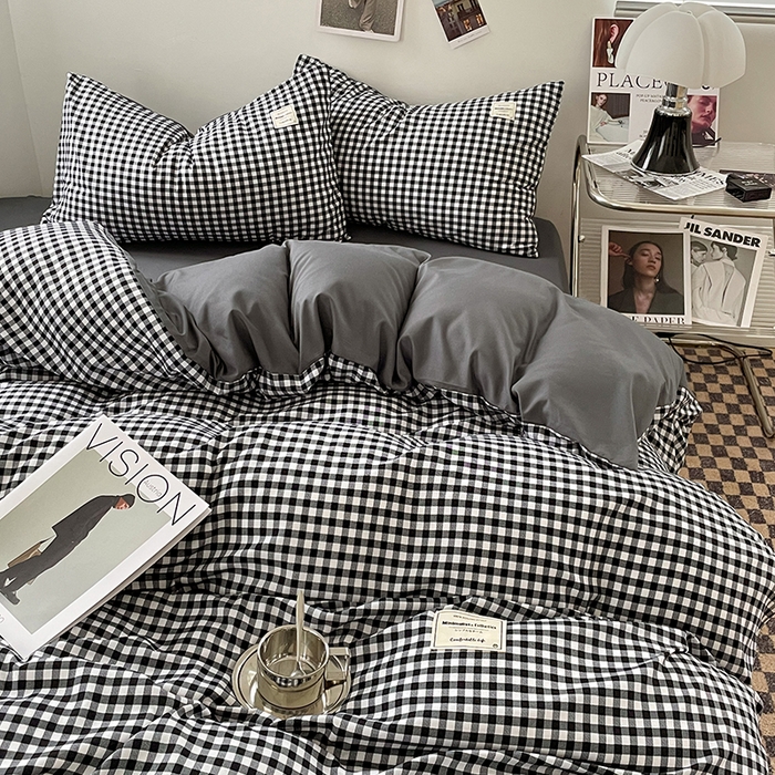 91家纺网 家纺一手货源 找家纺 优尚佳生活馆 2025新款无印风亲肤磨毛四件套-格子 黑白小格