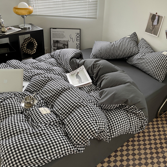 91家纺网 家纺一手货源 找家纺 优尚佳生活馆 2025新款无印风亲肤磨毛四件套-格子 黑白小格