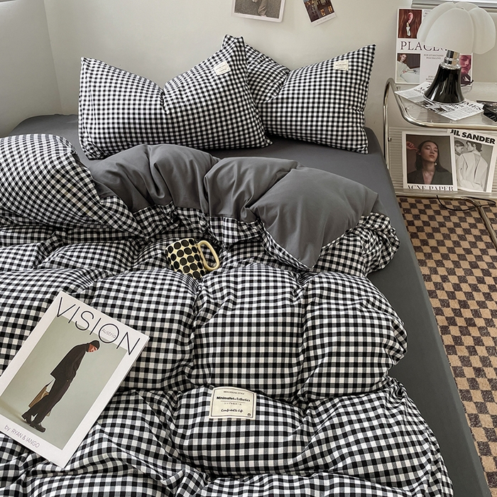 91家纺网 家纺一手货源 找家纺 优尚佳生活馆 2025新款无印风亲肤磨毛四件套-格子 黑白小格