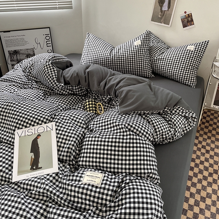 91家纺网 家纺一手货源 找家纺 优尚佳生活馆 2025新款无印风亲肤磨毛四件套-格子 黑白小格