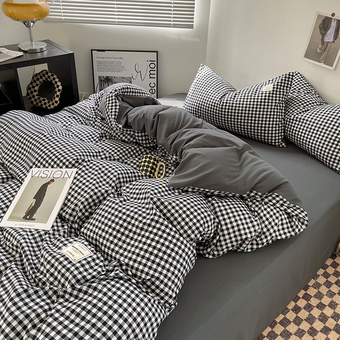 91家纺网 家纺一手货源 找家纺 优尚佳生活馆 2025新款无印风亲肤磨毛四件套-格子 黑白小格