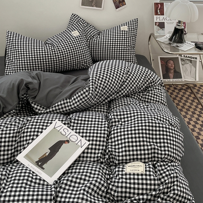 91家纺网 家纺一手货源 找家纺 优尚佳生活馆 2025新款无印风亲肤磨毛四件套-格子 黑白小格