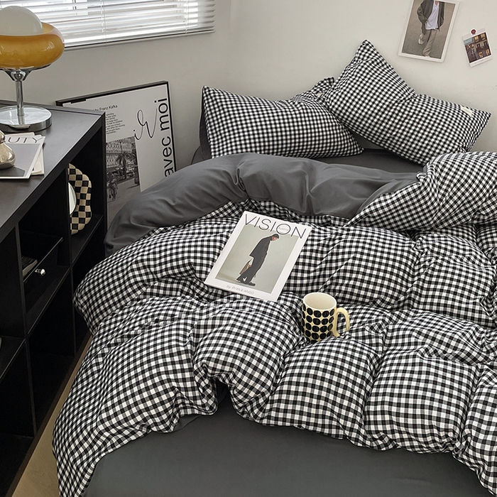 91家纺网 家纺一手货源 找家纺 优尚佳生活馆 2025新款无印风亲肤磨毛四件套-格子 黑白小格