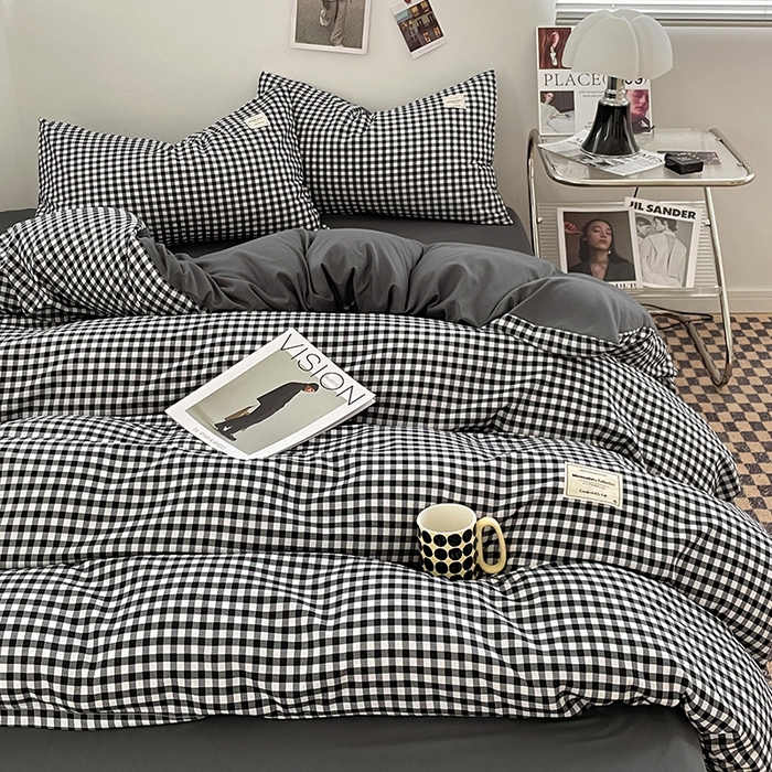 91家纺网 家纺一手货源 找家纺 优尚佳生活馆 2025新款无印风亲肤磨毛四件套-格子 黑白小格