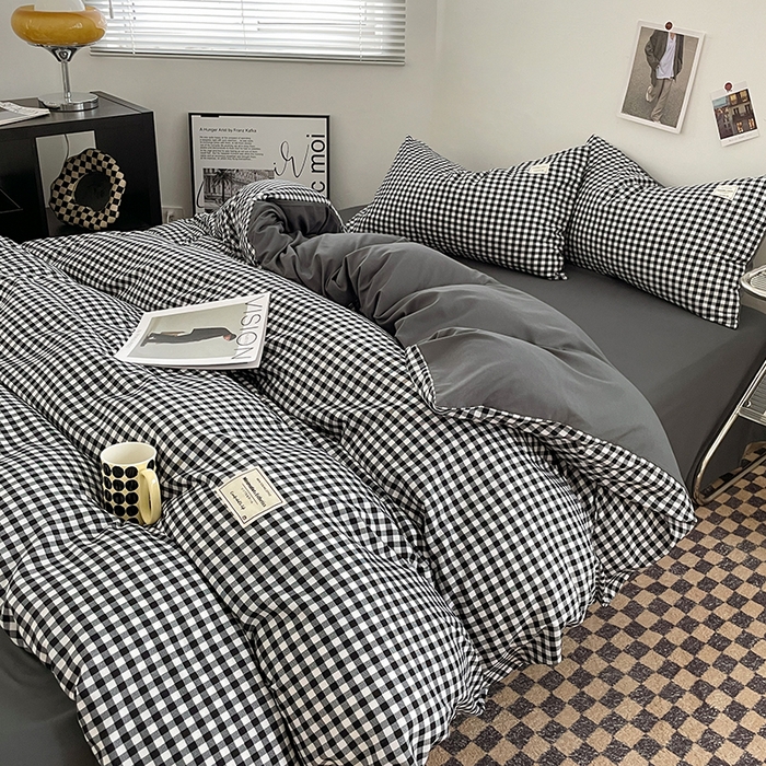 91家纺网 家纺一手货源 找家纺 优尚佳生活馆 2025新款无印风亲肤磨毛四件套-格子 黑白小格