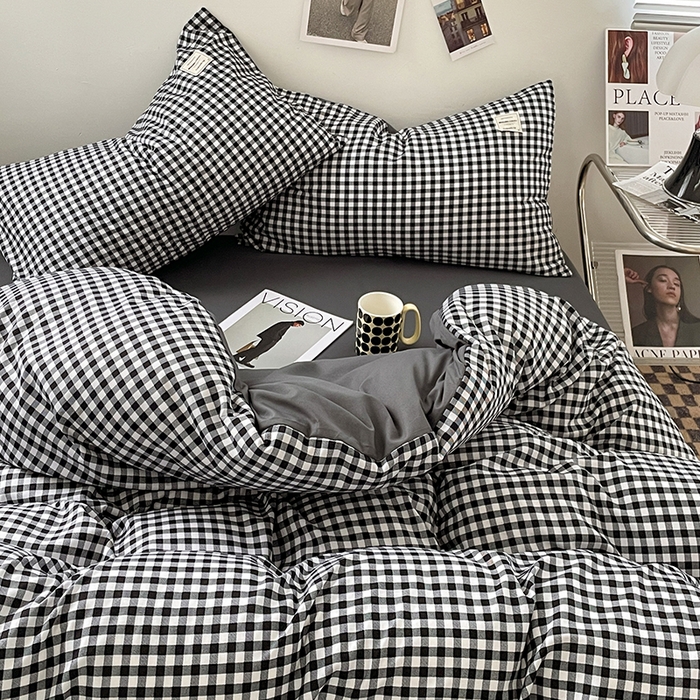 91家纺网 家纺一手货源 找家纺 优尚佳生活馆 2025新款无印风亲肤磨毛四件套-格子 黑白小格