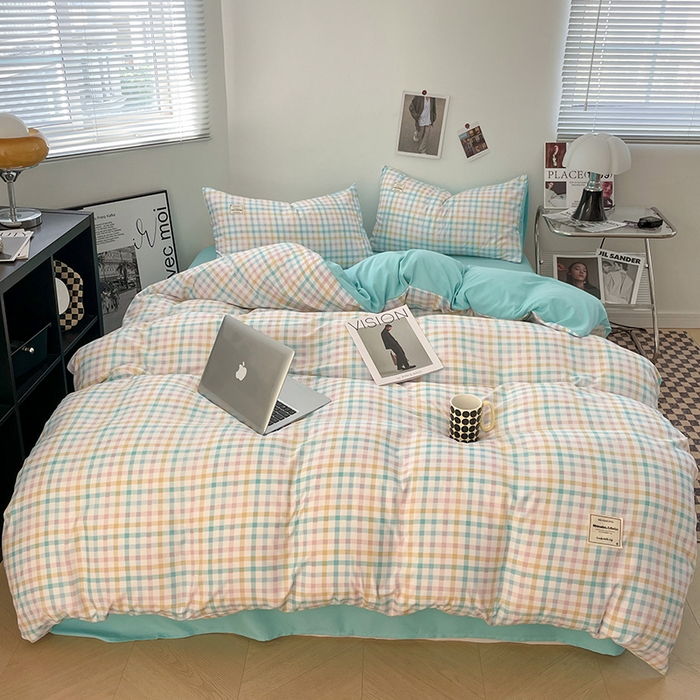 优尚佳生活馆 2025新款无印风亲肤磨毛四件套-格子 冰激凌格