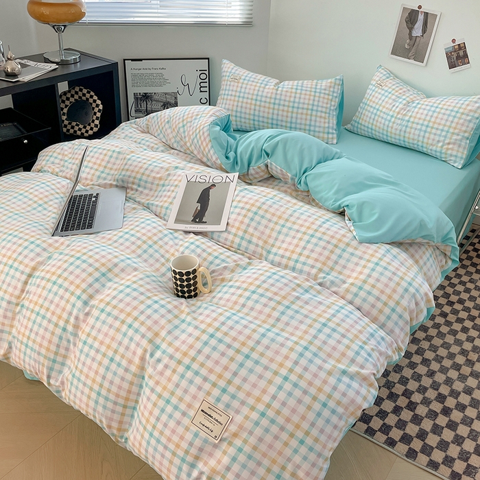 91家纺网 家纺一手货源 找家纺 优尚佳生活馆 2025新款无印风亲肤磨毛四件套-格子 冰激凌格