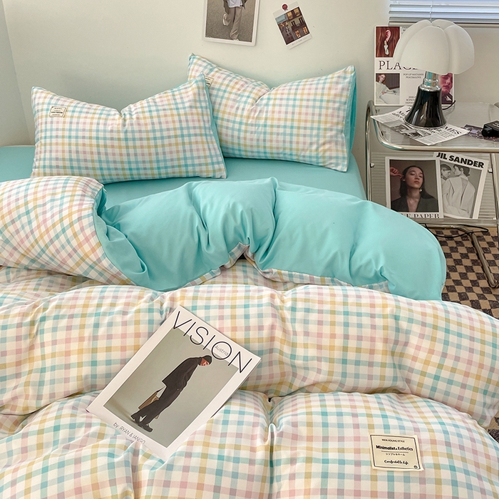 91家纺网 家纺一手货源 找家纺 优尚佳生活馆 2025新款无印风亲肤磨毛四件套-格子 冰激凌格