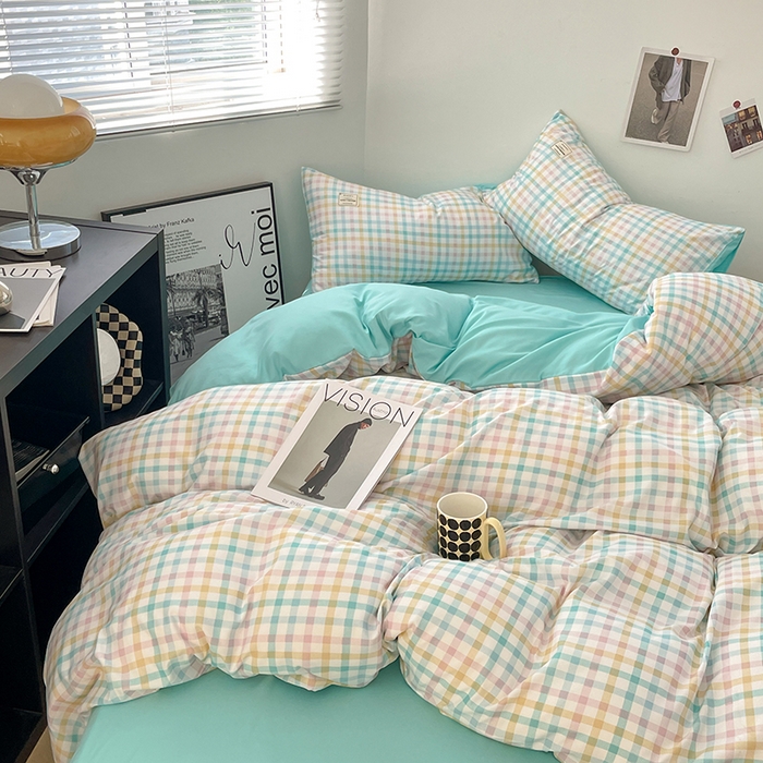 91家纺网 家纺一手货源 找家纺 优尚佳生活馆 2025新款无印风亲肤磨毛四件套-格子 冰激凌格