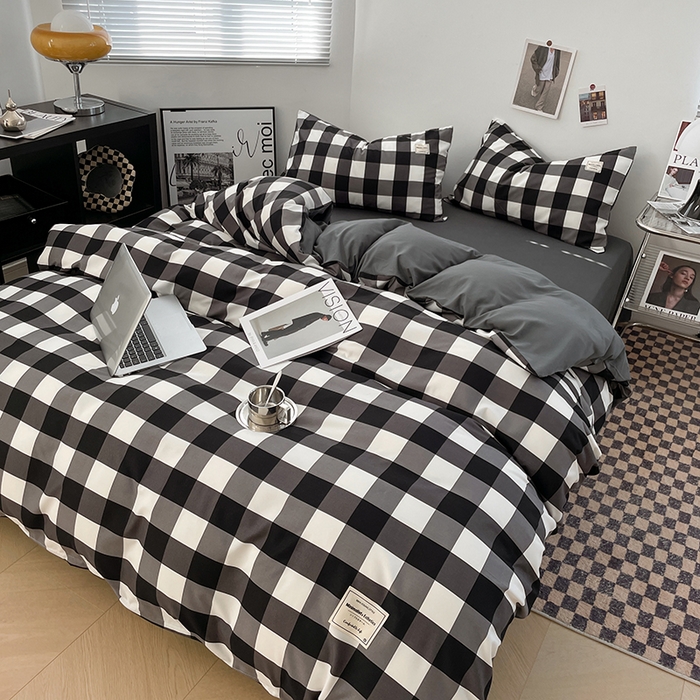 91家纺网 家纺一手货源 找家纺 优尚佳生活馆 2025新款无印风亲肤磨毛四件套-格子 黑白大格