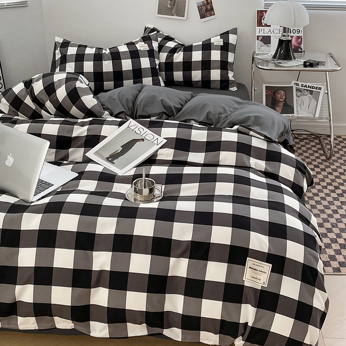 91家纺网 家纺一手货源 找家纺 优尚佳生活馆 2025新款无印风亲肤磨毛四件套-格子 黑白大格