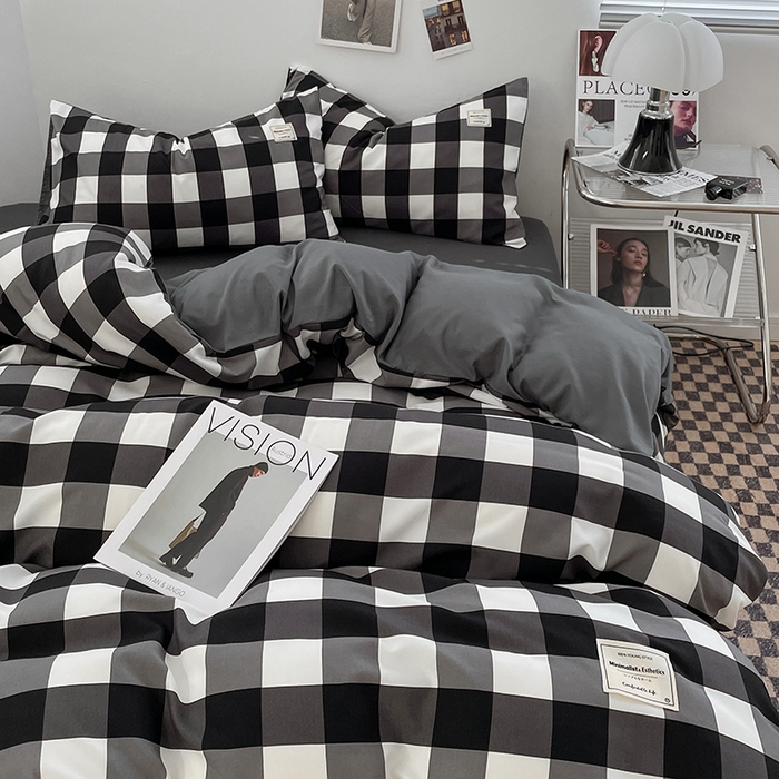 91家纺网 家纺一手货源 找家纺 优尚佳生活馆 2025新款无印风亲肤磨毛四件套-格子 黑白大格