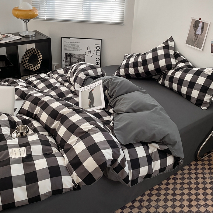 91家纺网 家纺一手货源 找家纺 优尚佳生活馆 2025新款无印风亲肤磨毛四件套-格子 黑白大格