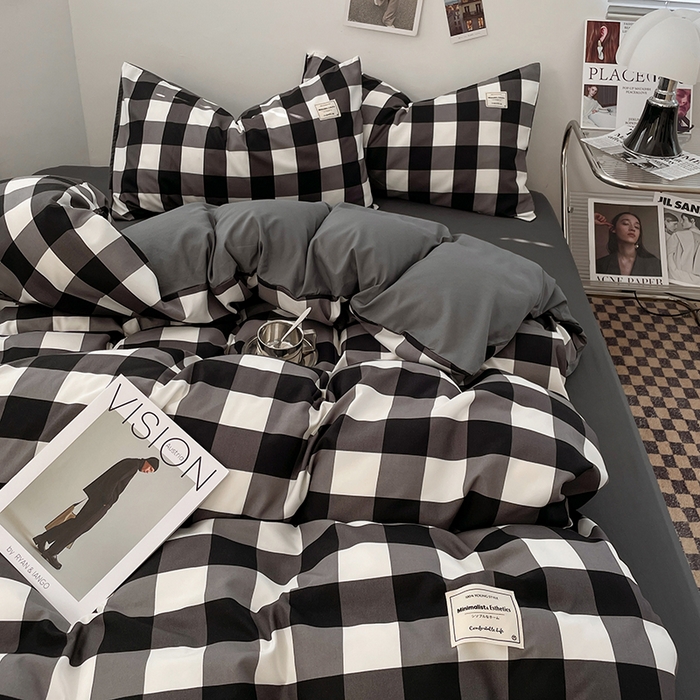 91家纺网 家纺一手货源 找家纺 优尚佳生活馆 2025新款无印风亲肤磨毛四件套-格子 黑白大格