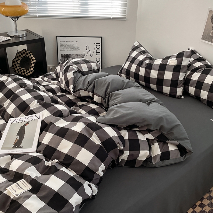 91家纺网 家纺一手货源 找家纺 优尚佳生活馆 2025新款无印风亲肤磨毛四件套-格子 黑白大格